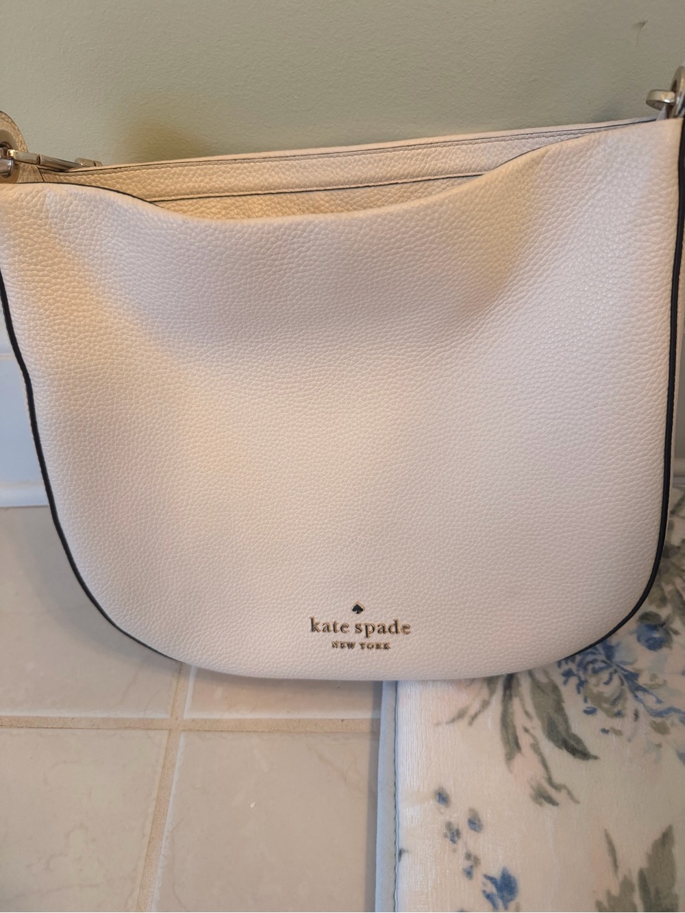 kate spade Cream Pebbled Leather Shoulder Hobo with Gold Logo